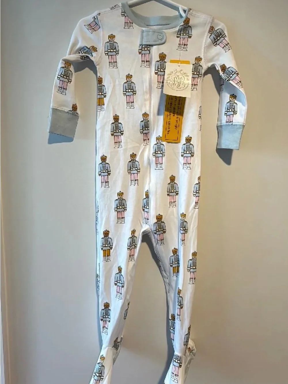 Baby Nutcracker-Print Footless Cotton Zip Romper - White & Light Blue